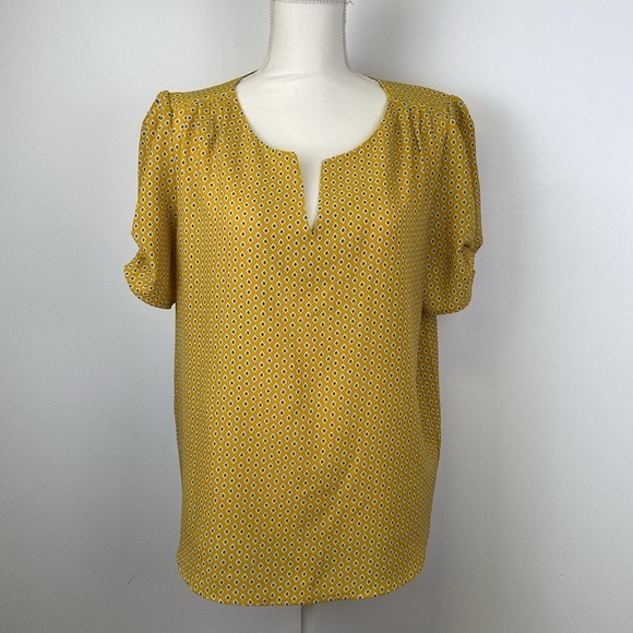Dalia yellow with blue diamond light flowy Blouse short sleeve Large - Picture 1 of 13
